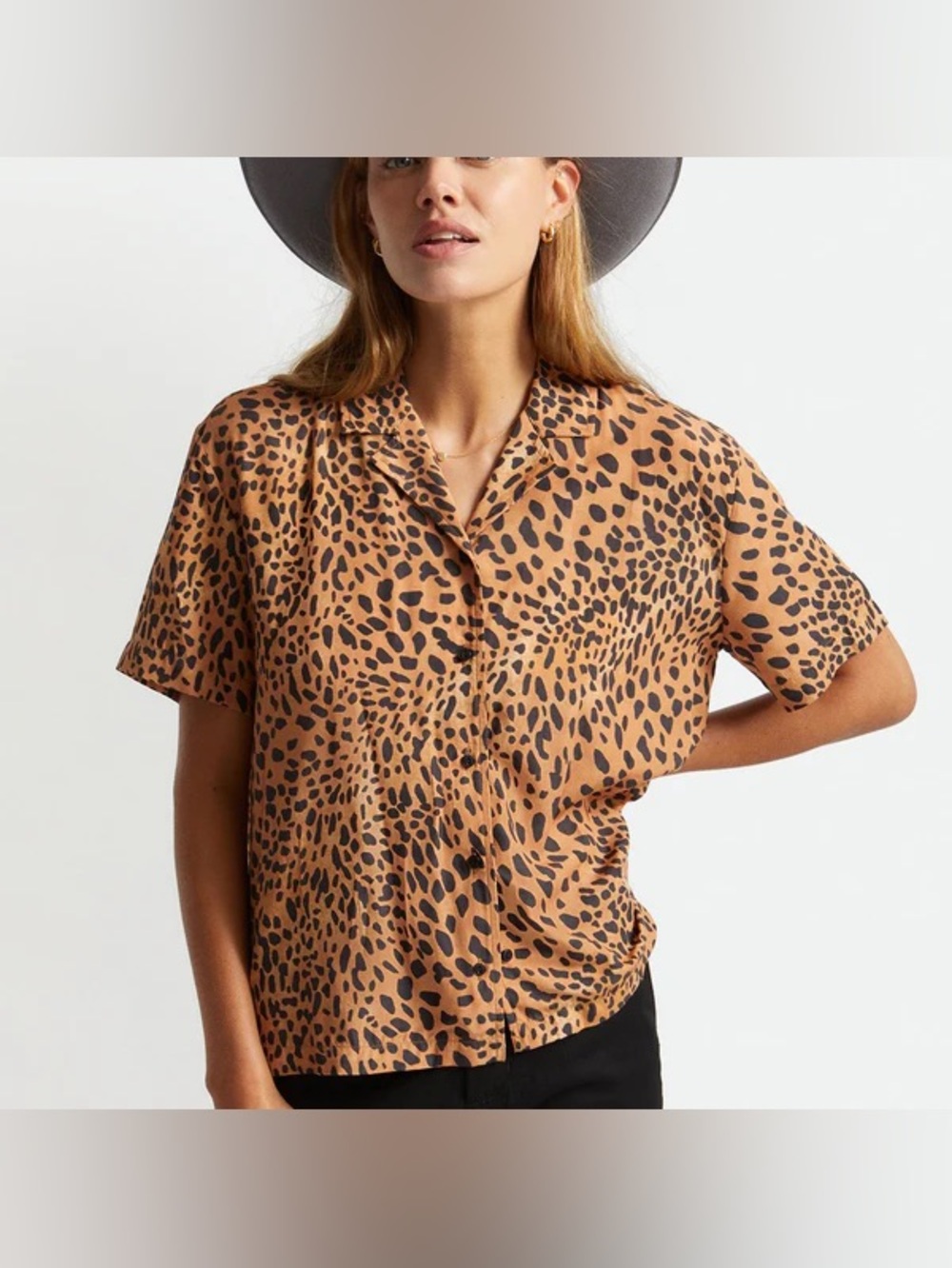 Brixton Ryder Short Sleeve Button-Down Leopard Print Top